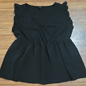 SHEIN Black Ruffled Dotted Swiss V-Neck Blouse